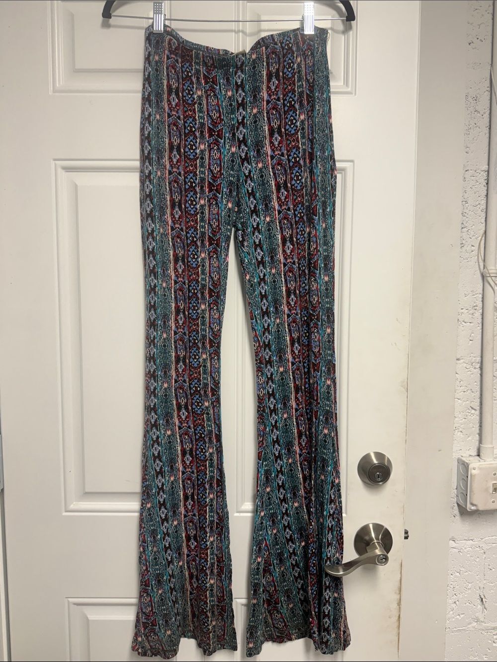 Boho Print Flared Pants - Teal Multi H.I.P. Size Medium - Blue Fun Printed Pants